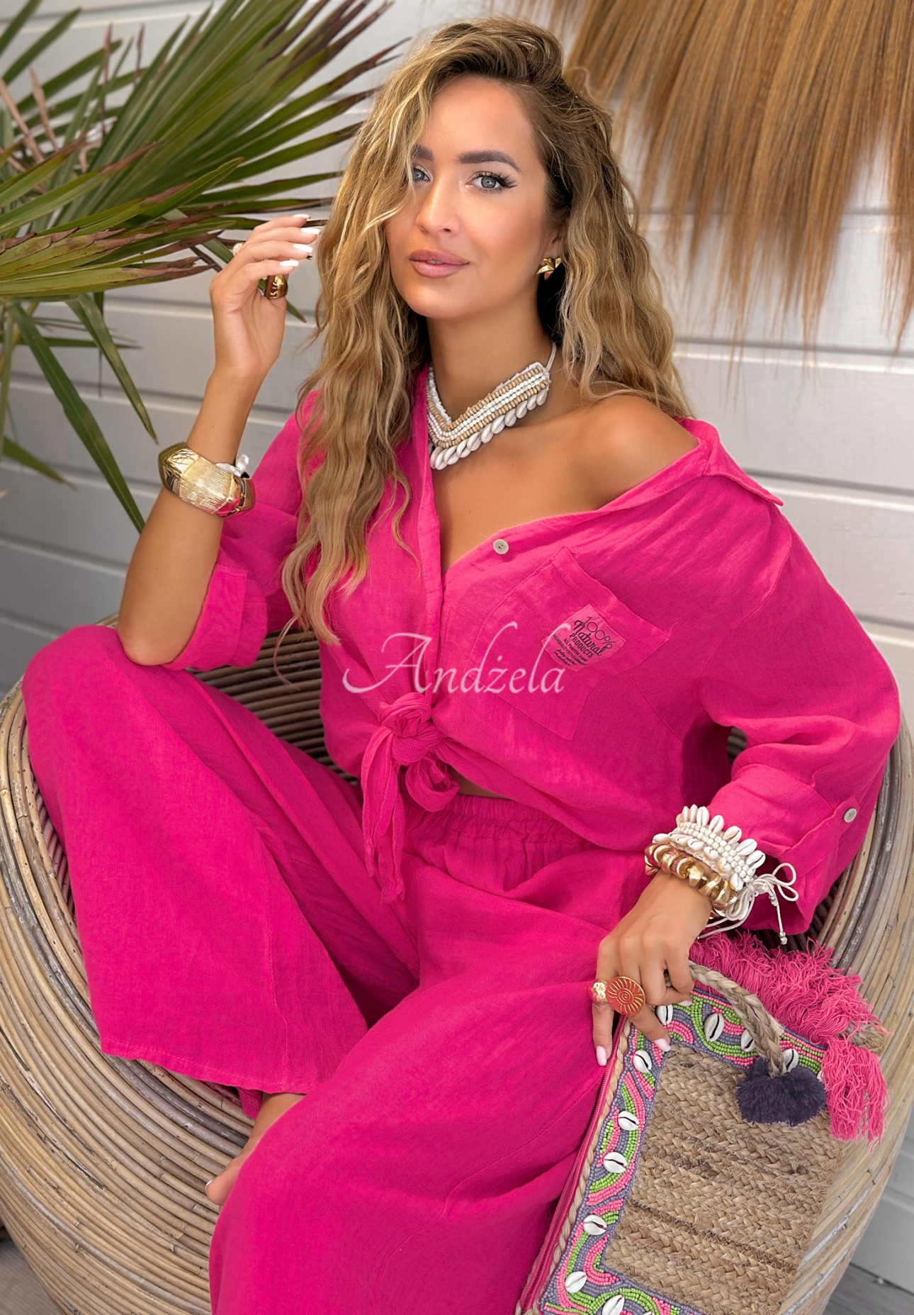 Leinenhemd mit Bindeband On Vacation Fuchsia