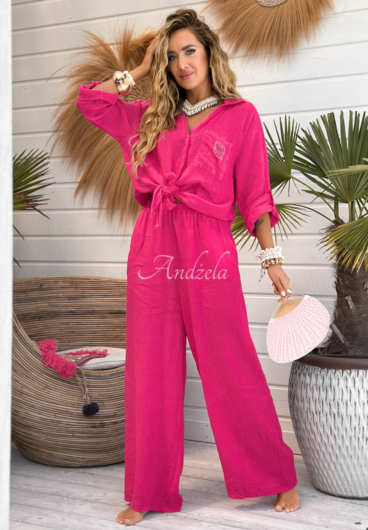 Leinenhose wide leg On Vacation Fuchsia