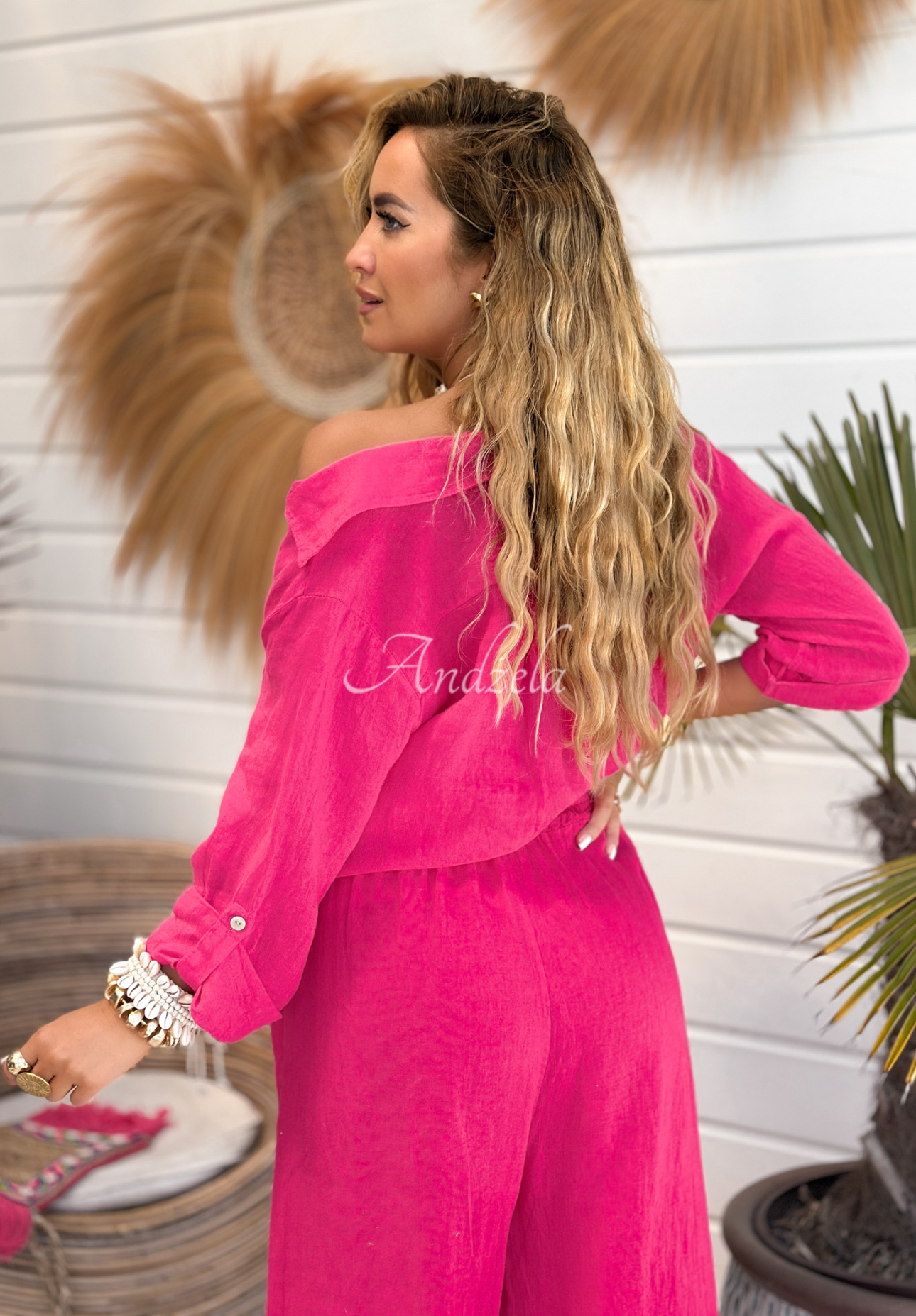 Leinenhose wide leg On Vacation Fuchsia
