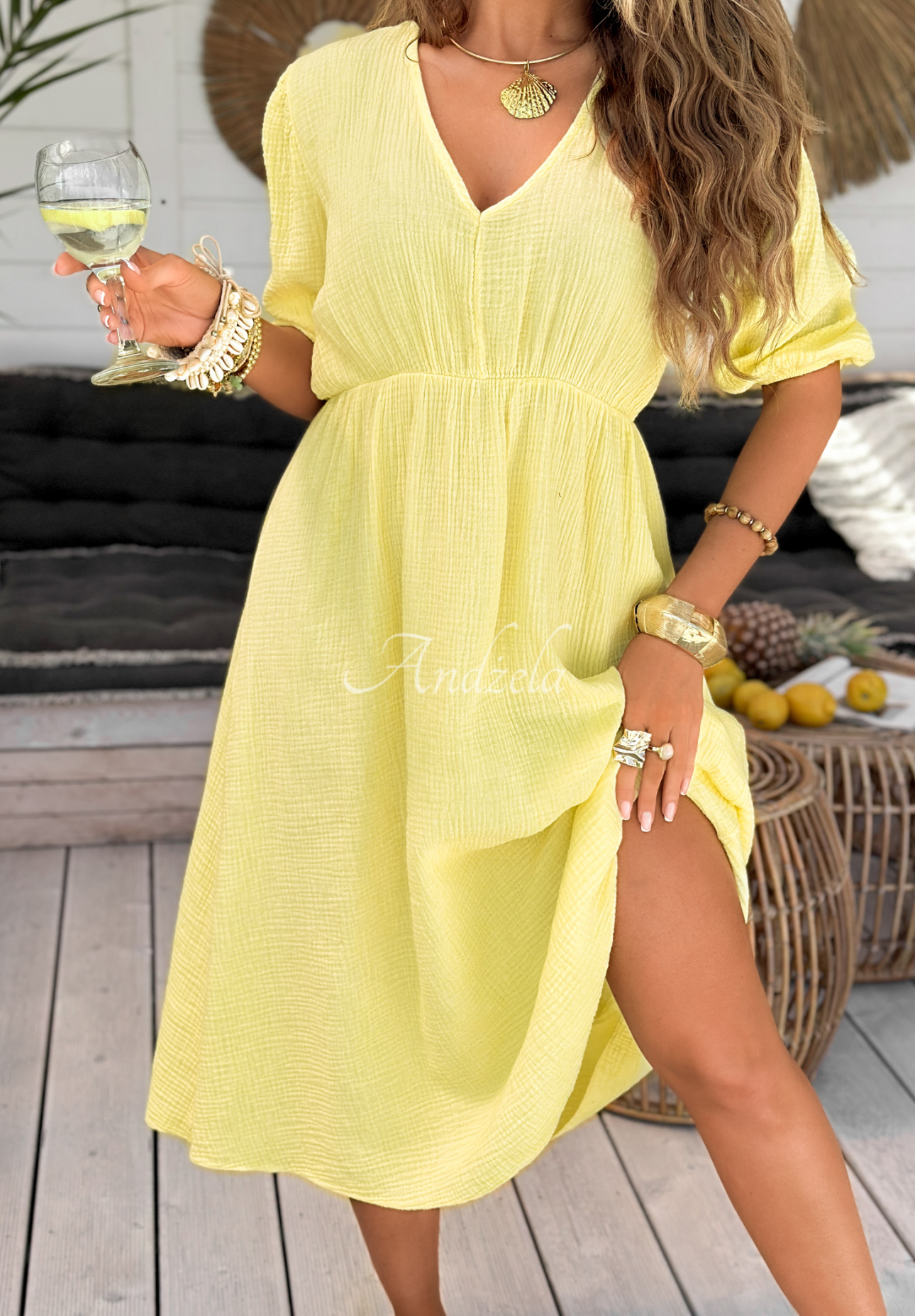 Musselin-Kleid Make Me Happy Bananengelb