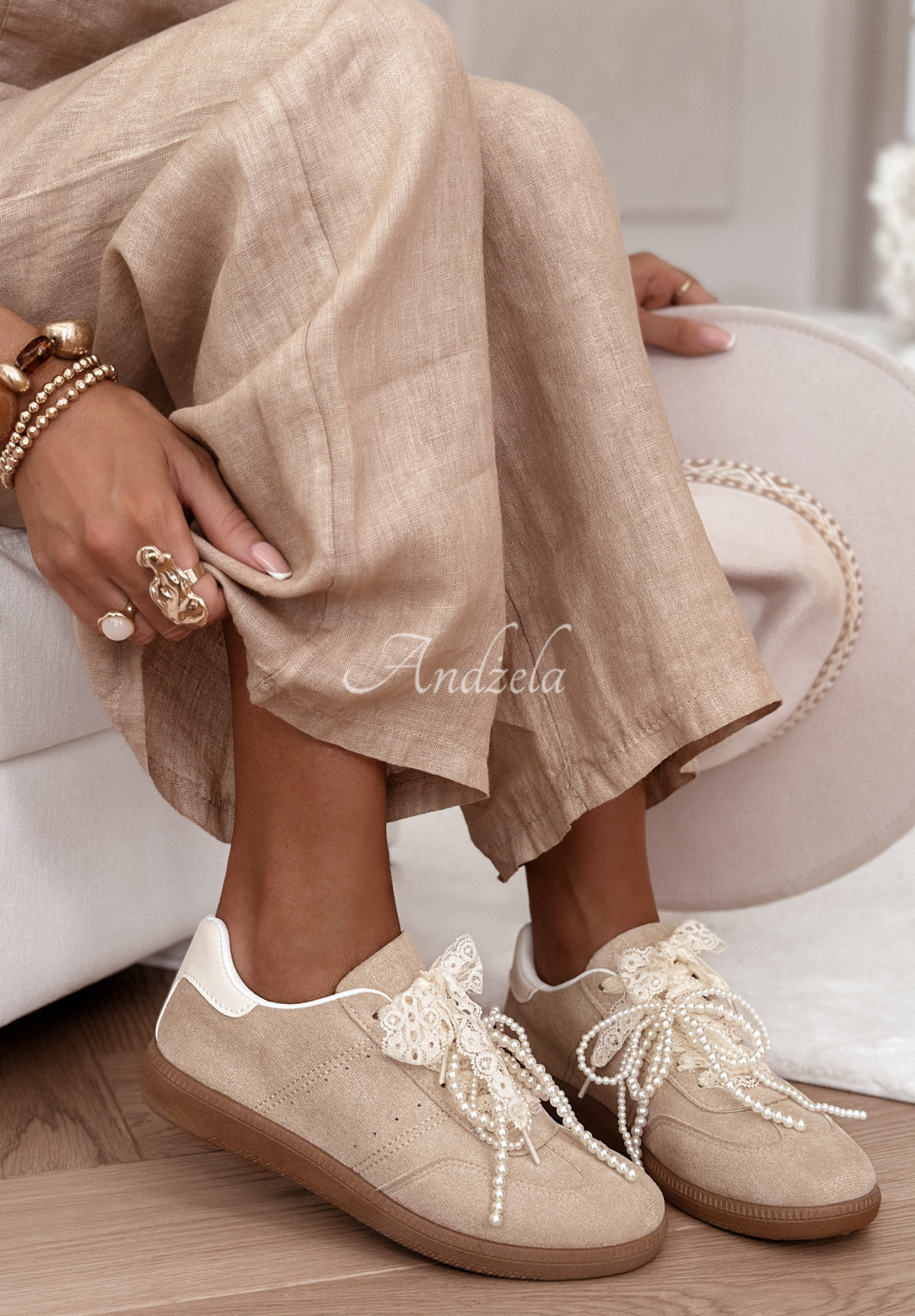 Wildleder Turnschuhe mit Schleife Sweet &amp; Pearly Beige