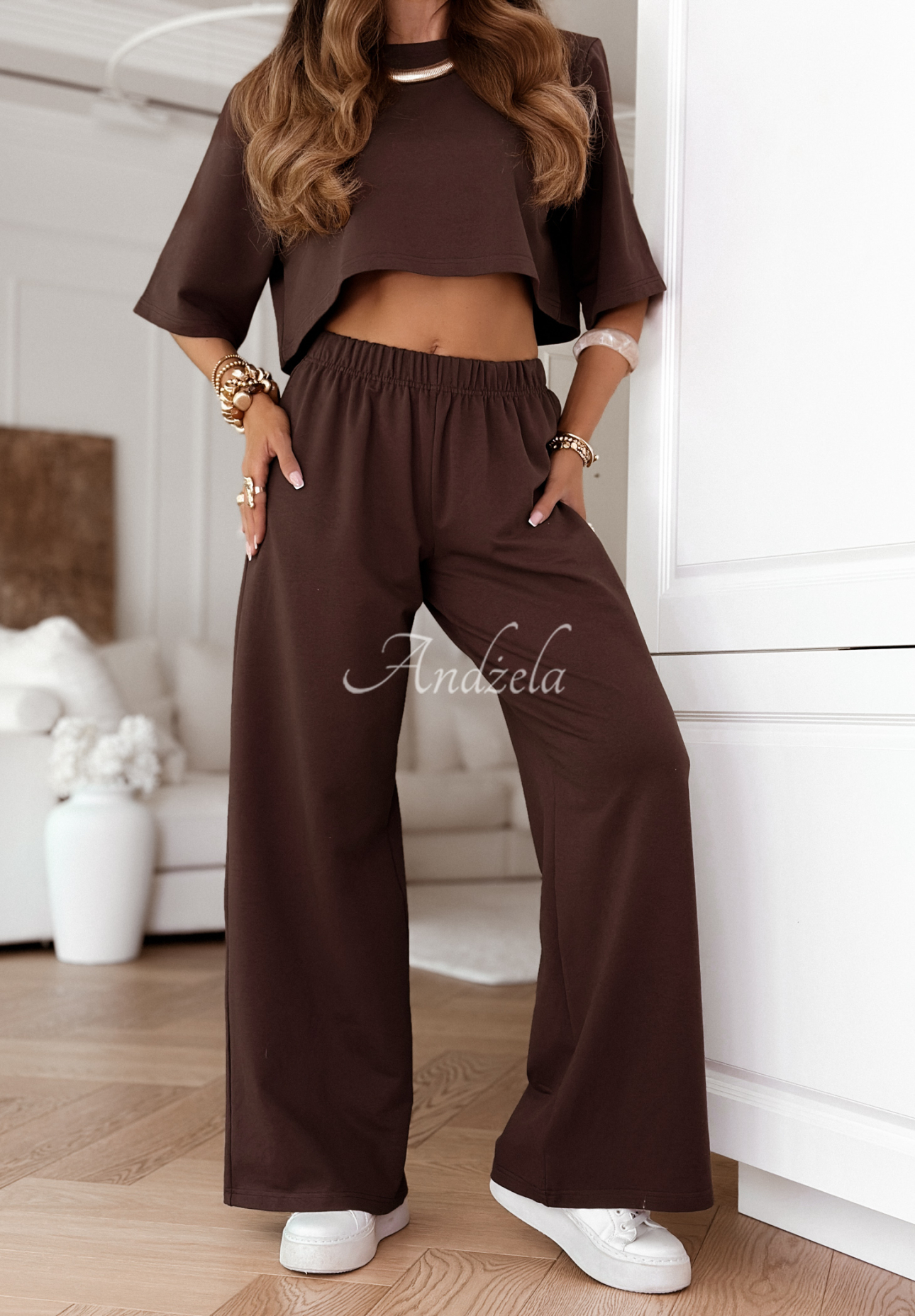 Trainingsanzug T-Shirt und Hose wide leg Lovely Duo Schokoladenbraun