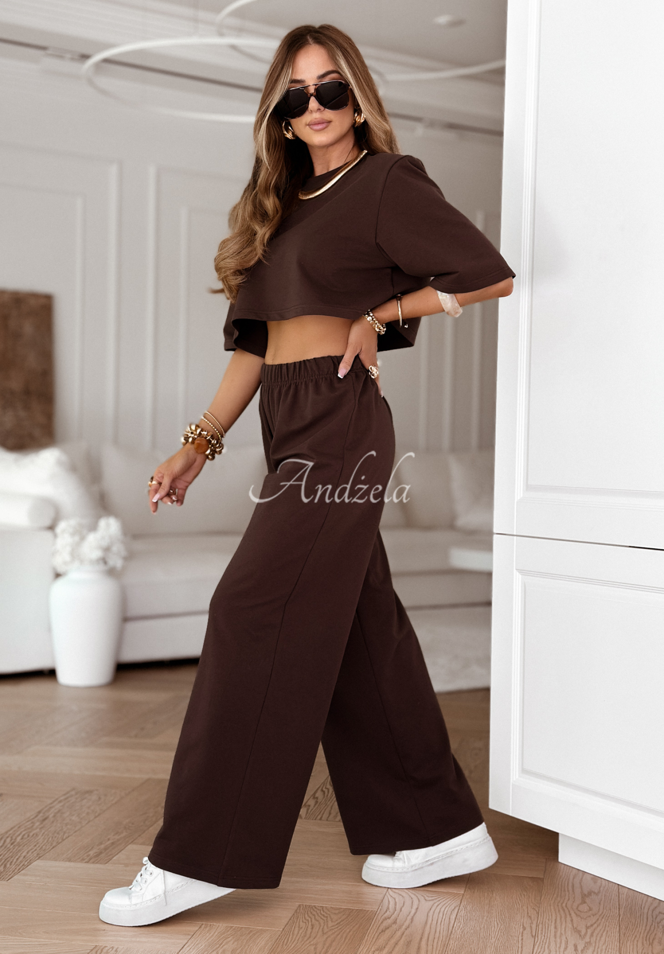 Trainingsanzug T-Shirt und Hose wide leg Lovely Duo Schokoladenbraun