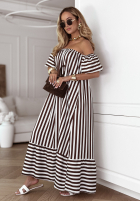 Gestreiftes Off-Shoulder-Kleid aus Viskose Buena Vista weiß-schokolade