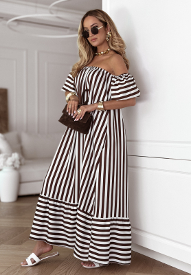 Gestreiftes Off-Shoulder-Kleid aus Viskose Buena Vista weiß-schokolade