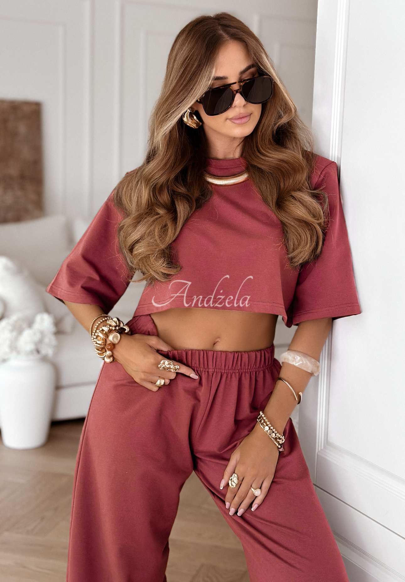 Sweatsuit set T-shirt and wide leg pants Lovely Duo raspberry