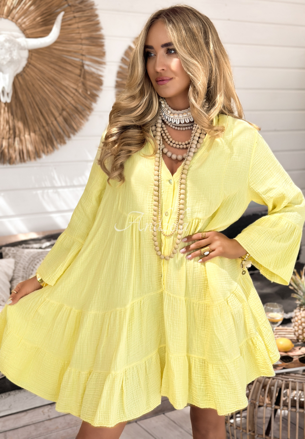 Musselin-Kleid mit R&uuml;schen Hello Summer Bananengelb
