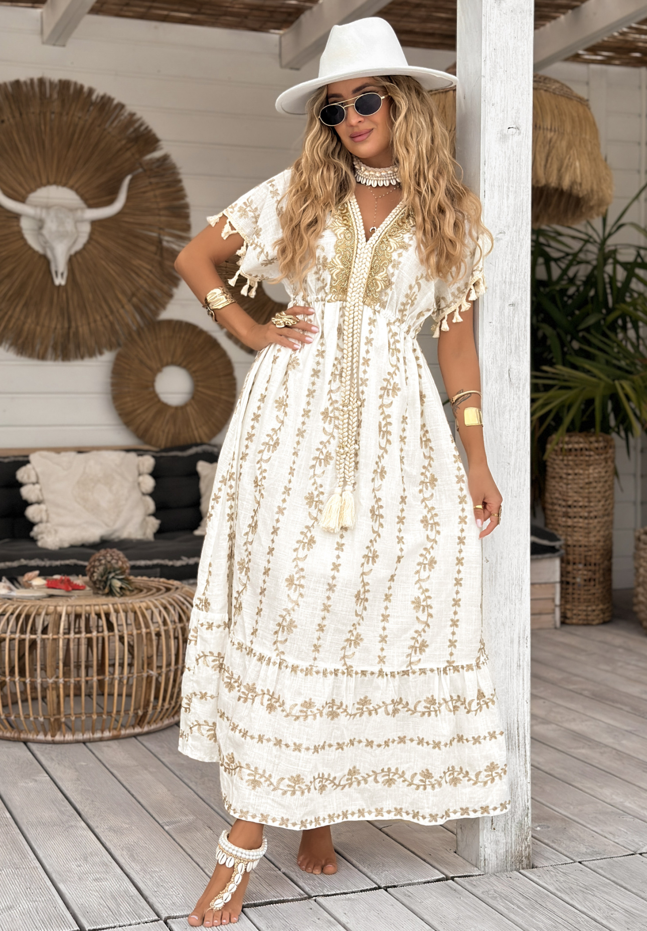 Besticktes Maxikleid boho To The Ocean Ecru