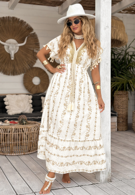 Besticktes Maxikleid boho To The Ocean Ecru