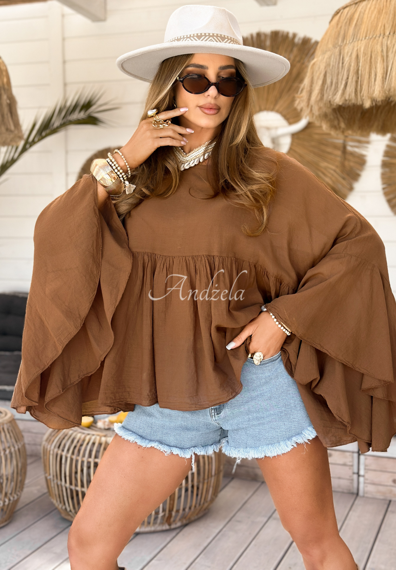 Oversize-Bluse mit Rüschen Sunkissed Bliss Camel