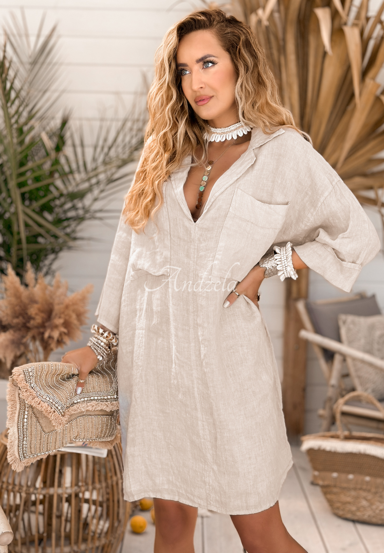 Travel Thrills beige linen shirt dress