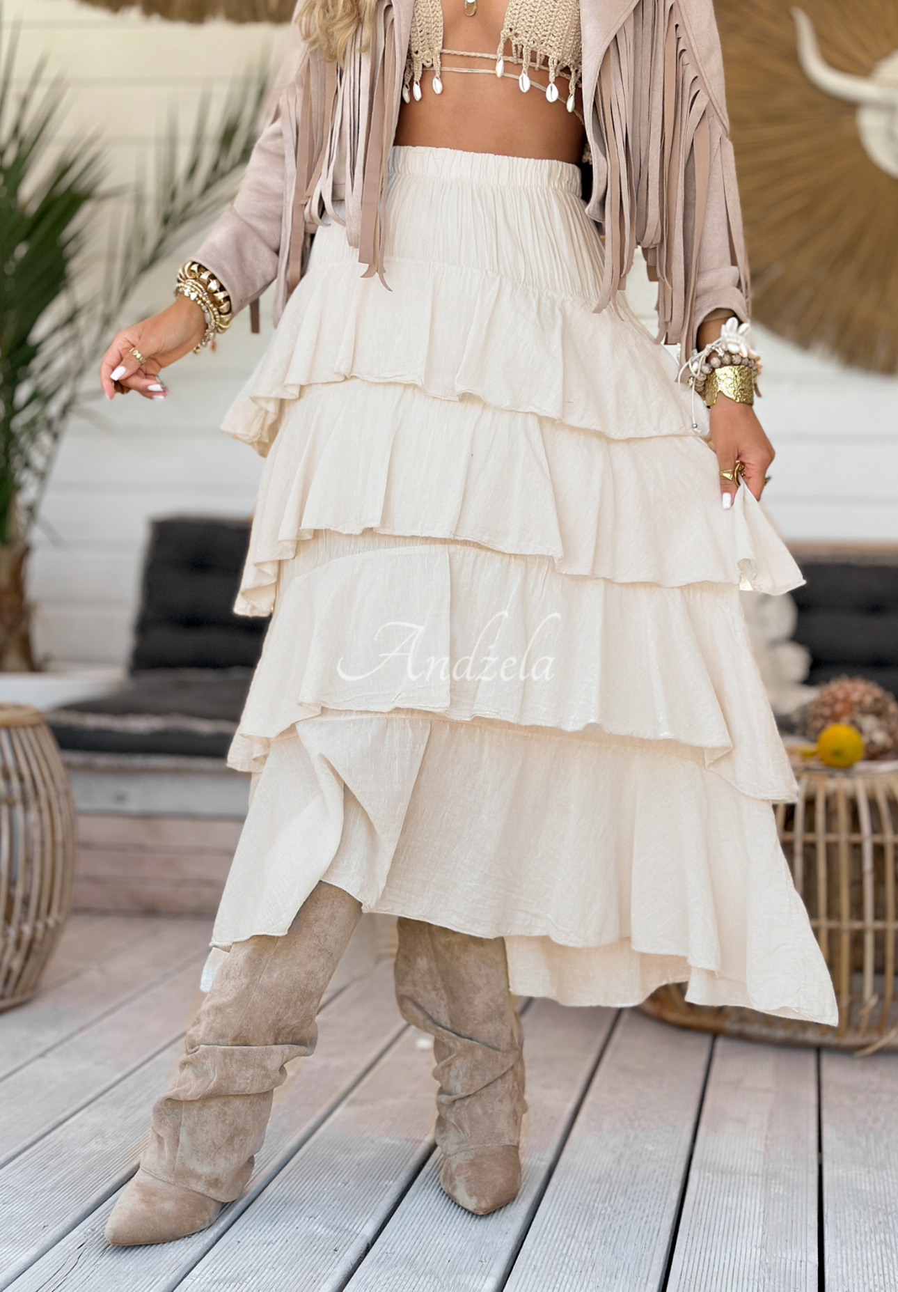 Maxirock mit Rüschen Boho Sands Beige