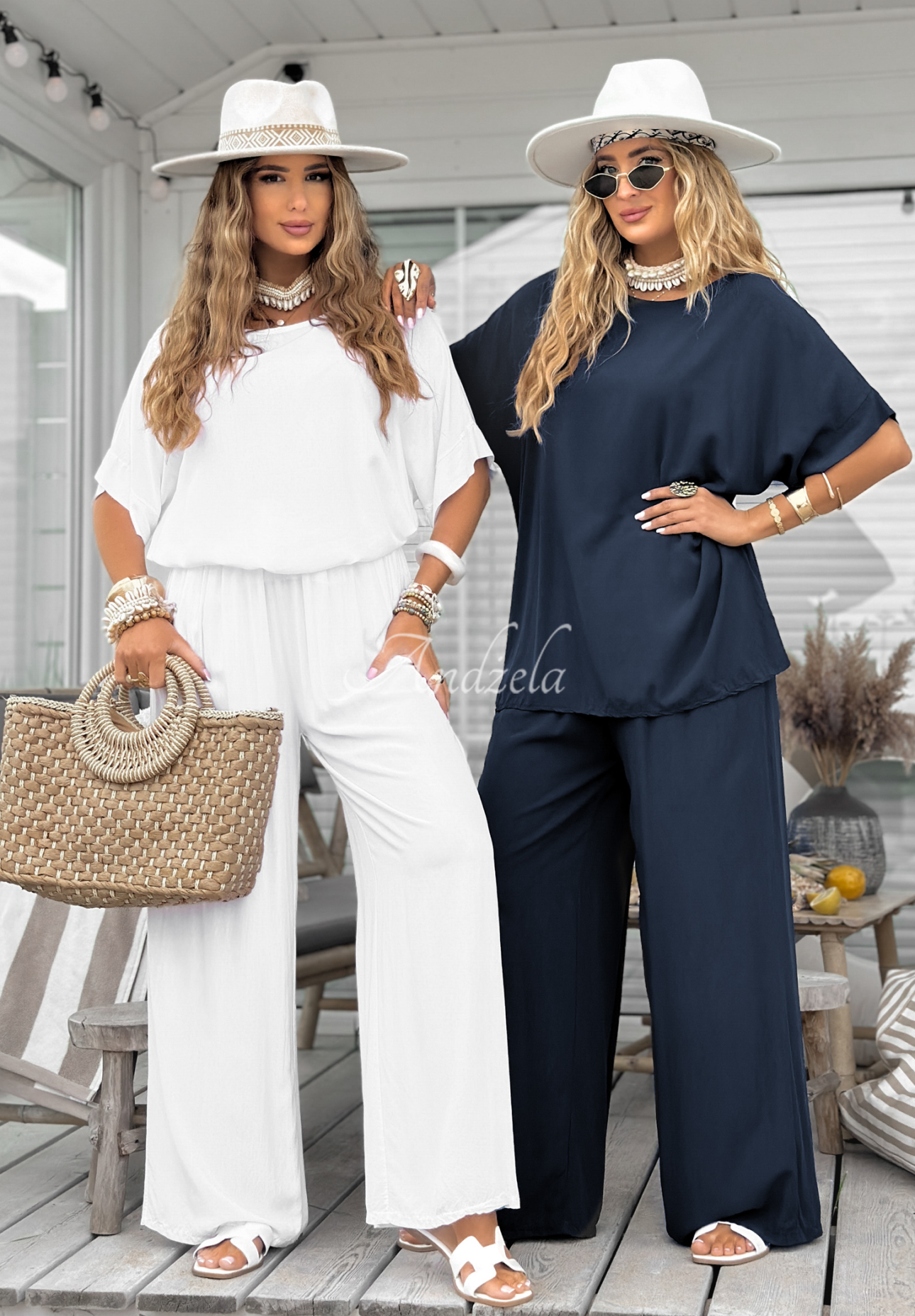Viskose-Set Bluse und Hose wide leg Wind Whispers Dunkelblau