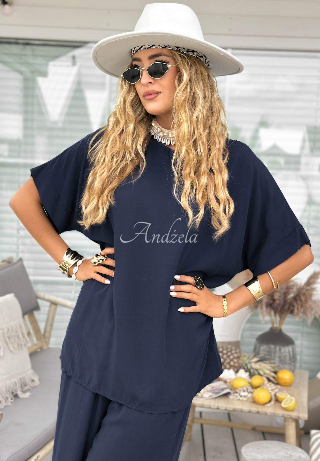 Viskose-Set Bluse und Hose wide leg Wind Whispers Dunkelblau