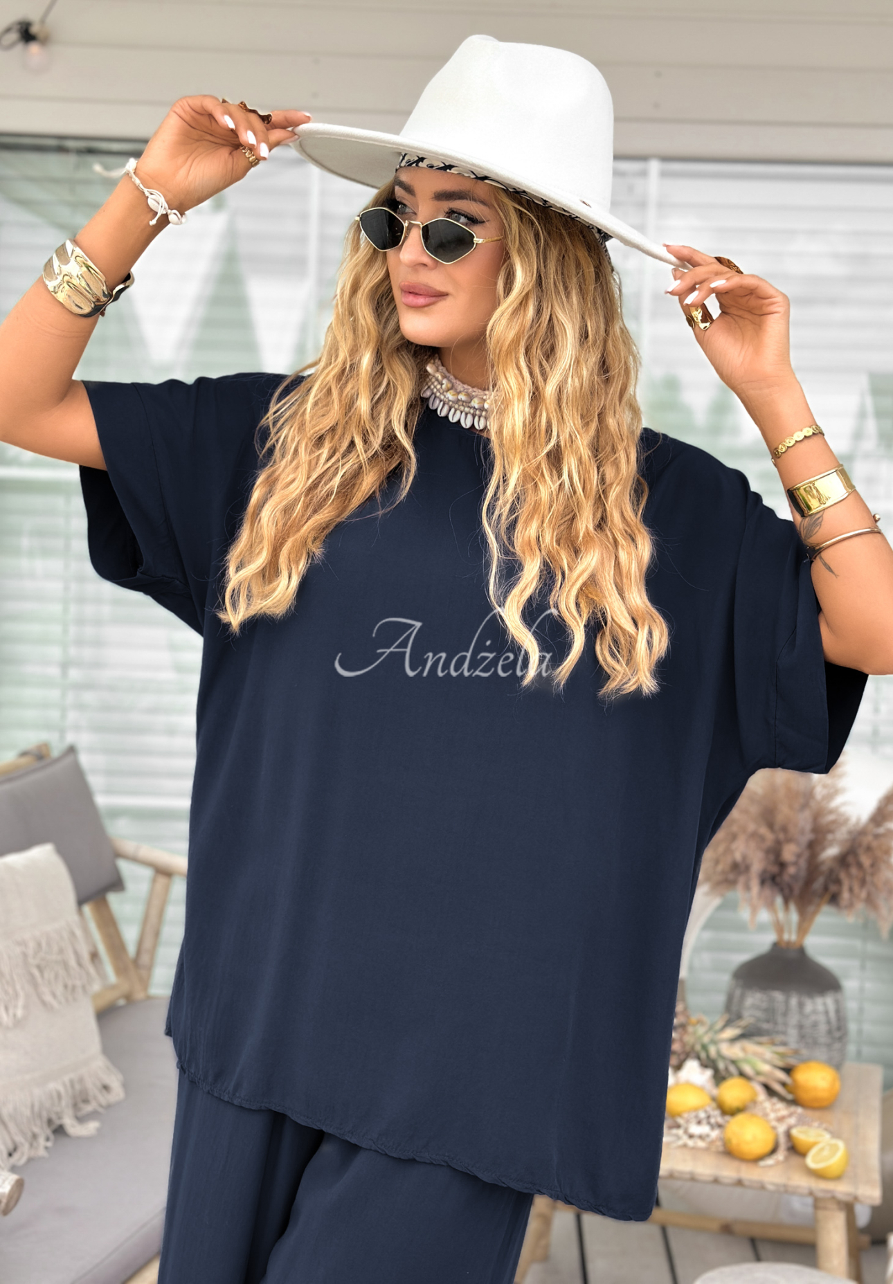 Viskose-Set Bluse und Hose wide leg Wind Whispers Dunkelblau