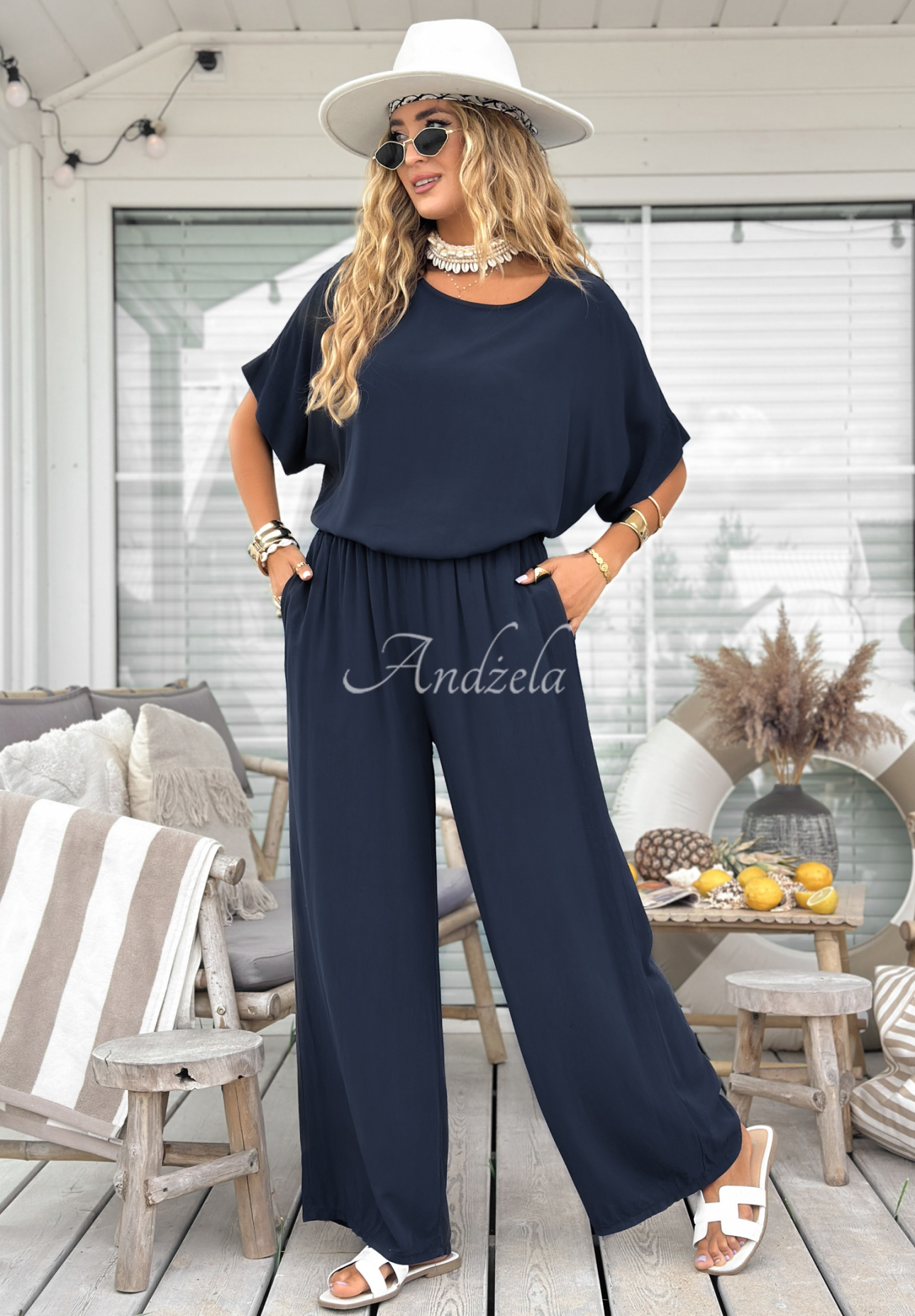 Viskose-Set Bluse und Hose wide leg Wind Whispers Dunkelblau