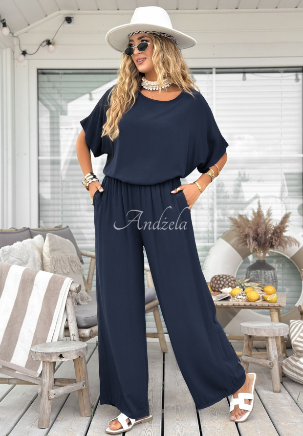 Viskose-Set Bluse und Hose wide leg Wind Whispers Dunkelblau