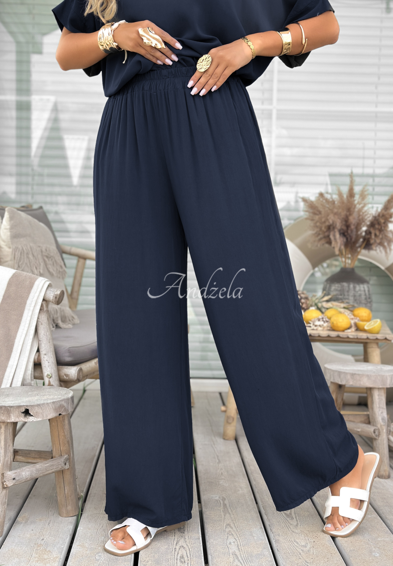 Viskose-Set Bluse und Hose wide leg Wind Whispers Dunkelblau
