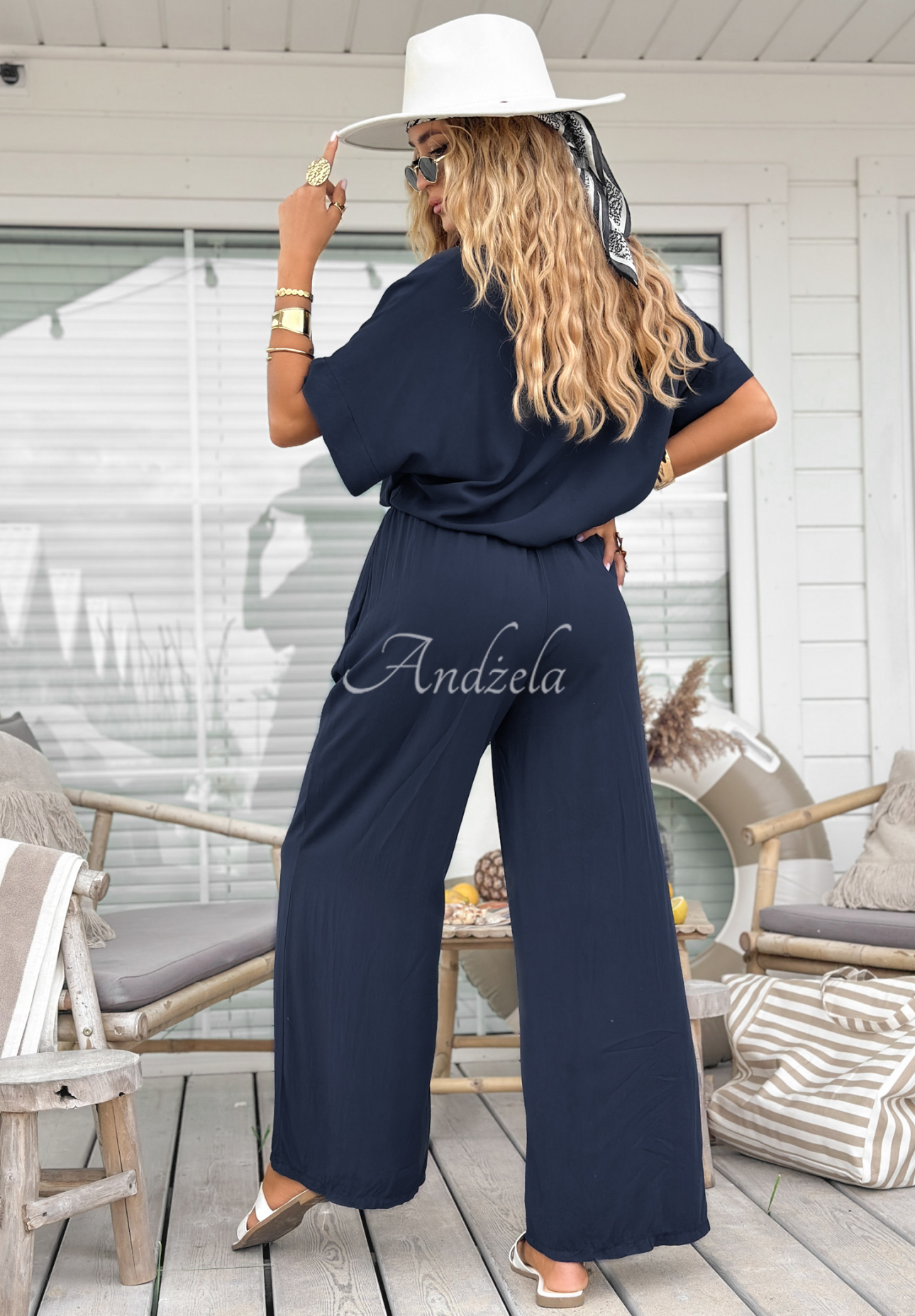 Viscose set blouse and wide leg pants Wind Whispers navy blue