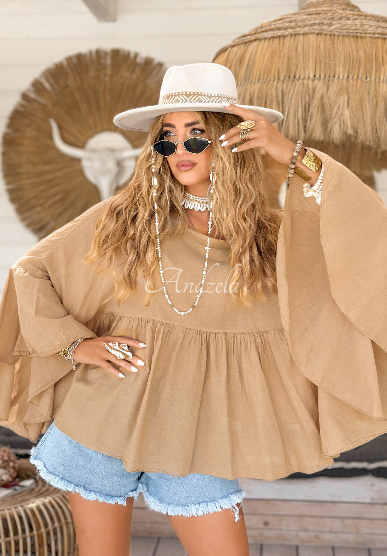 Oversize-Bluse mit Rüschen Sunkissed Bliss Schokoladenbraun