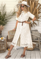 Koszulowa Kleid z haftami i paskiem Excellent Waves Ecru