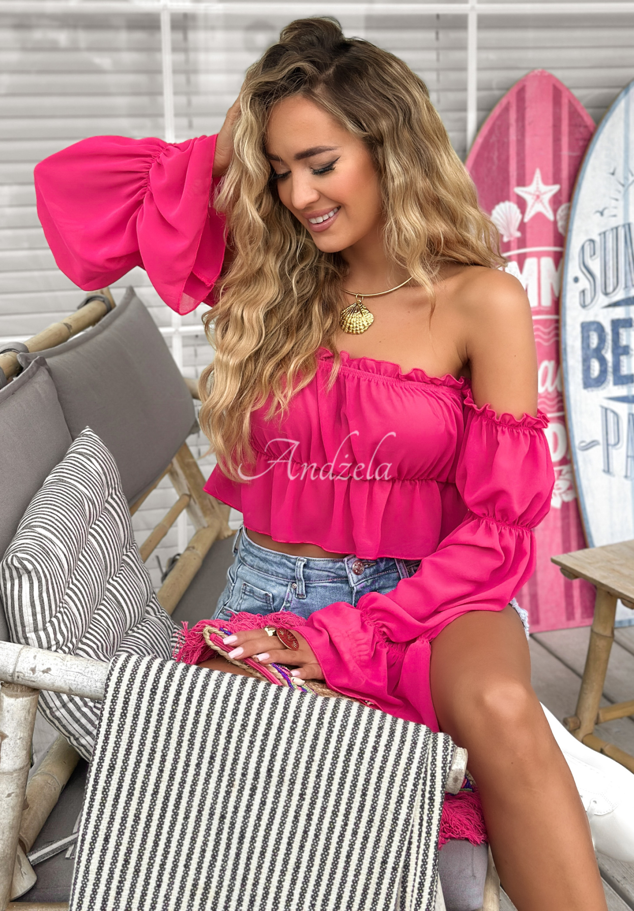 Kurze Bluse im spanischen Stil Monaco Fuchsia