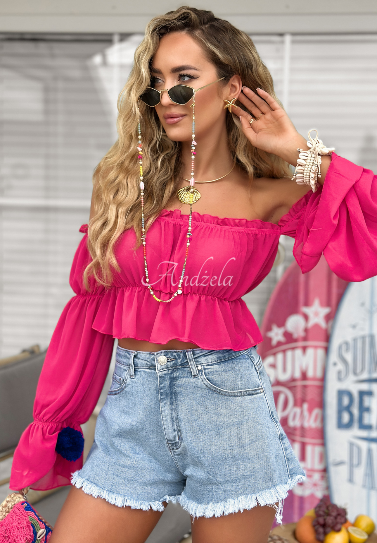 Kurze Bluse im spanischen Stil Monaco Fuchsia