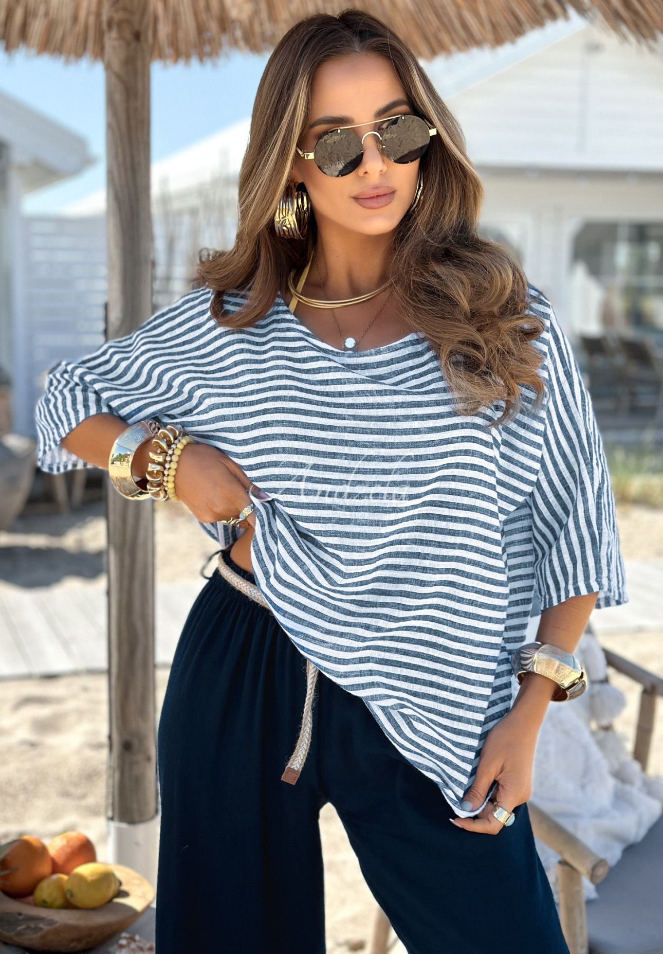 Gestreifte Oversize-Bluse Puerto Montt weiß-blau