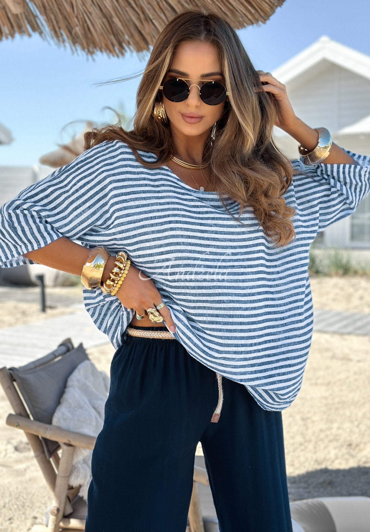 Gestreifte Oversize-Bluse Puerto Montt weiß-blau