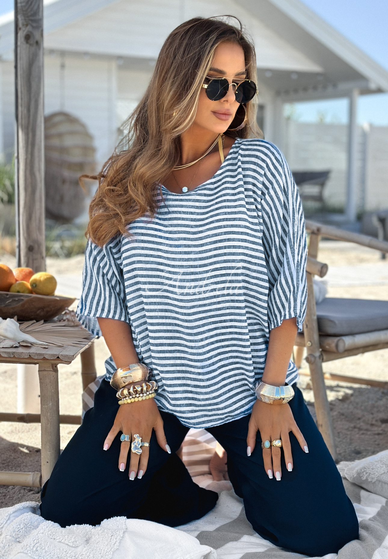 Gestreifte Oversize-Bluse Puerto Montt weiß-blau