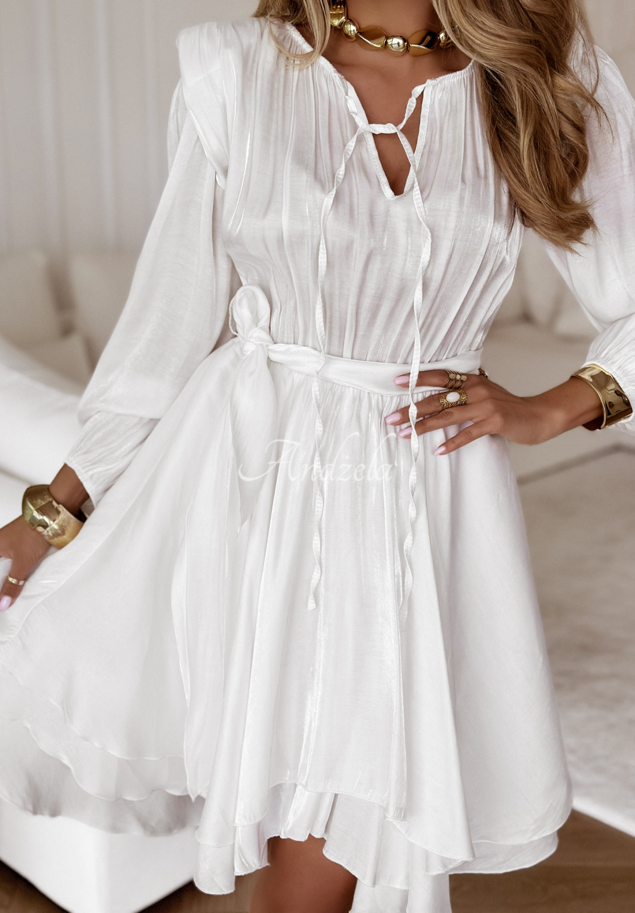 Chiffonkleid mit Gürtel White Lotus Weiß