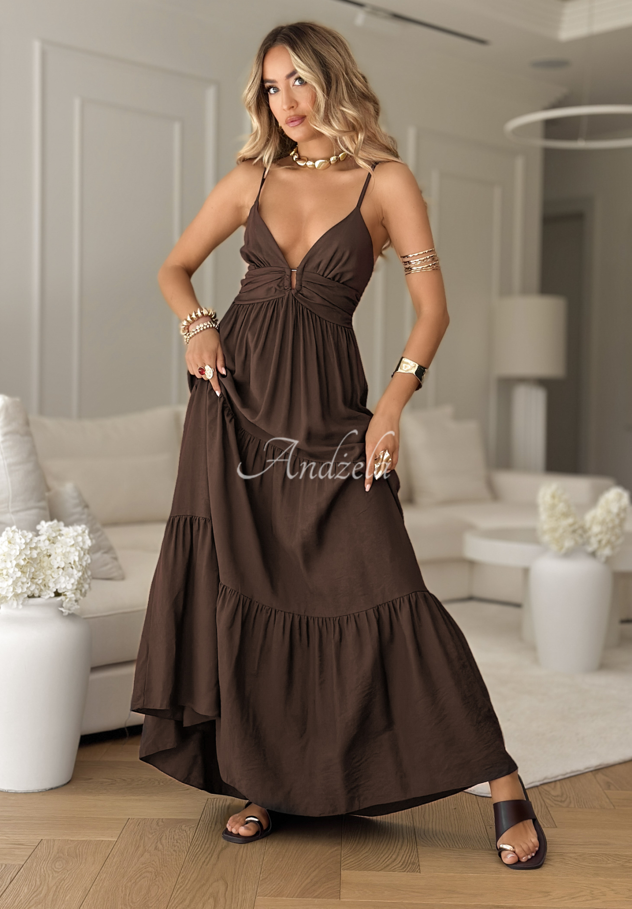 Viskosekleid maxi mit Trägern Memorable Sunrise Schokoladenbraun