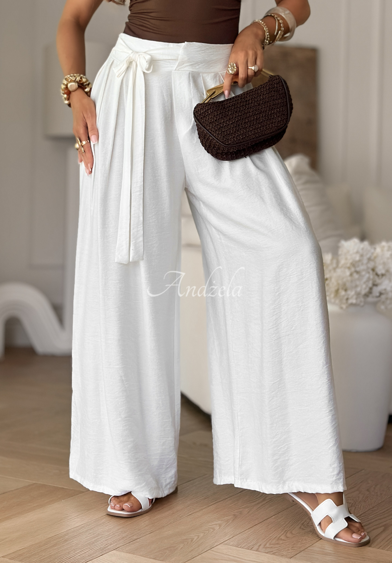 Viskose-Hose wide leg mit Bindeband Wavy Happiness Ecru