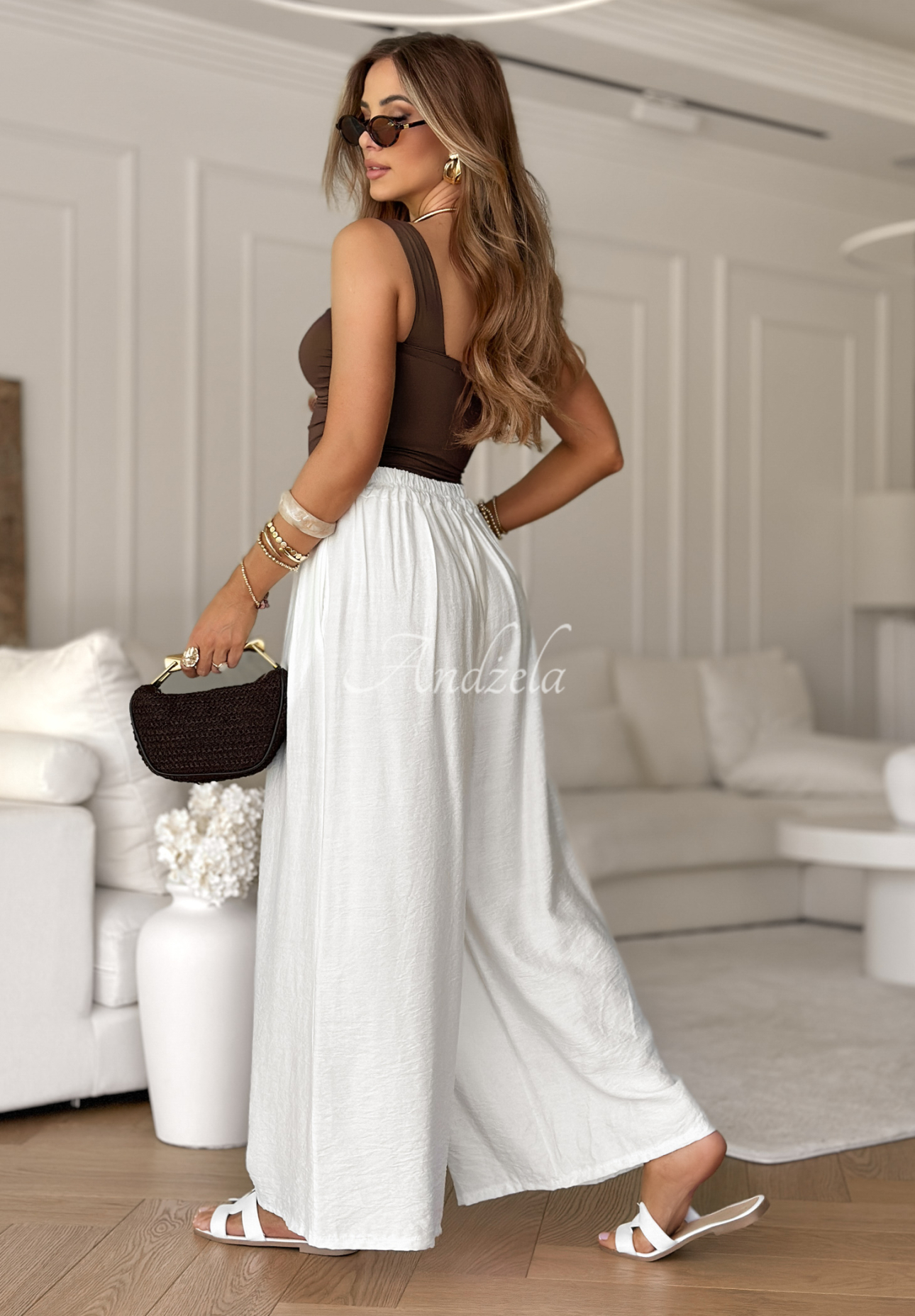 Viskose-Hose wide leg mit Bindeband Wavy Happiness Ecru