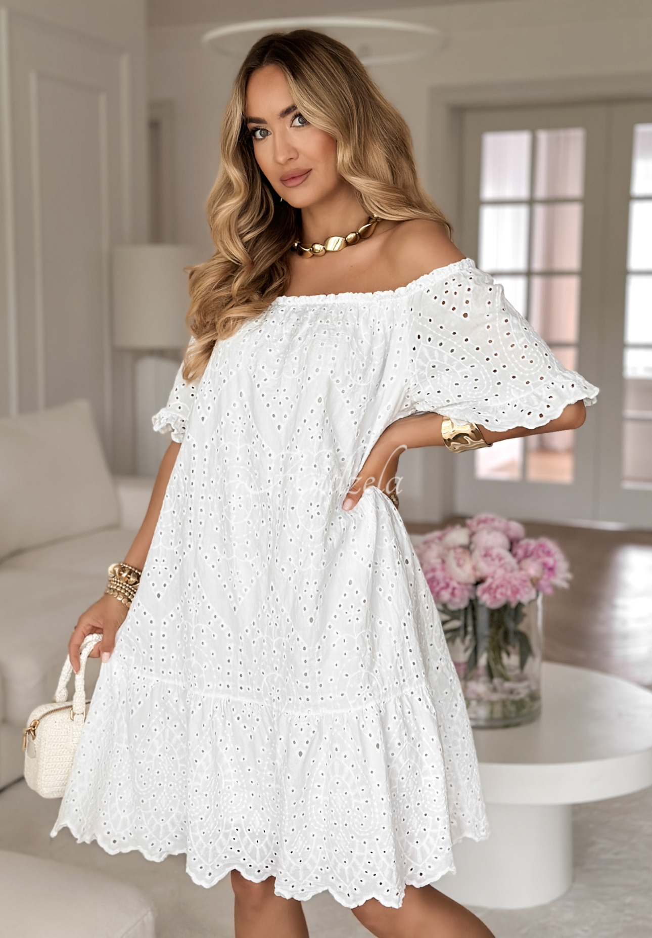 Off-Shoulder-Kleid mit Lochstickerei boho Palm Coast Weiß