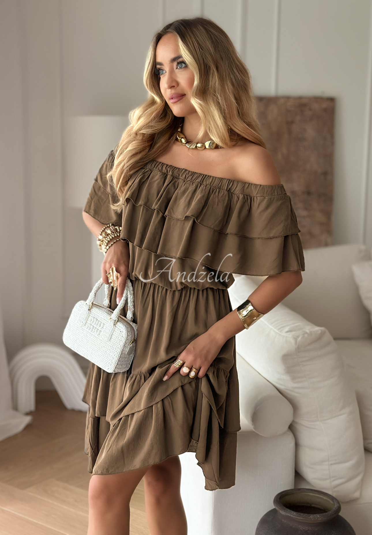 Off-Shoulder-Kleid aus Viskose mit Rüschen Ormond Beach Schokoladenbraun