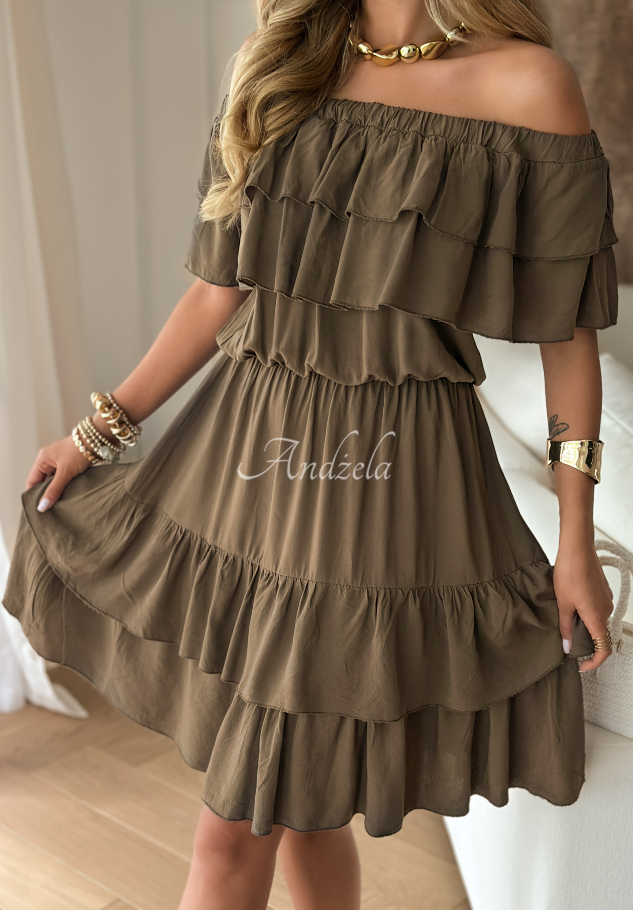Off-Shoulder-Kleid aus Viskose mit Rüschen Ormond Beach Schokoladenbraun