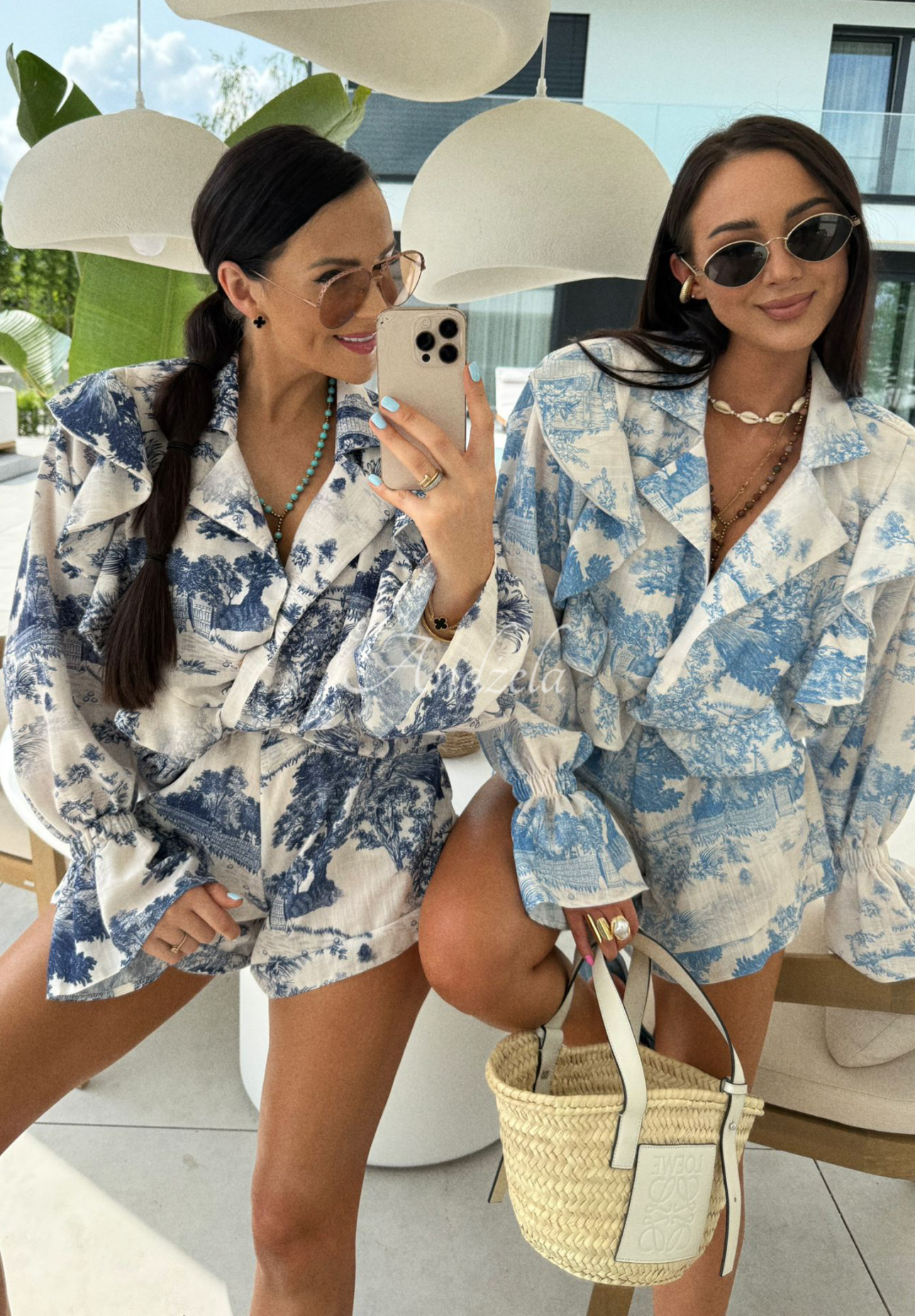 Leinen-Set: Hemd und Shorts mit Muster La Milla Sunbathing Today Dunkelblau