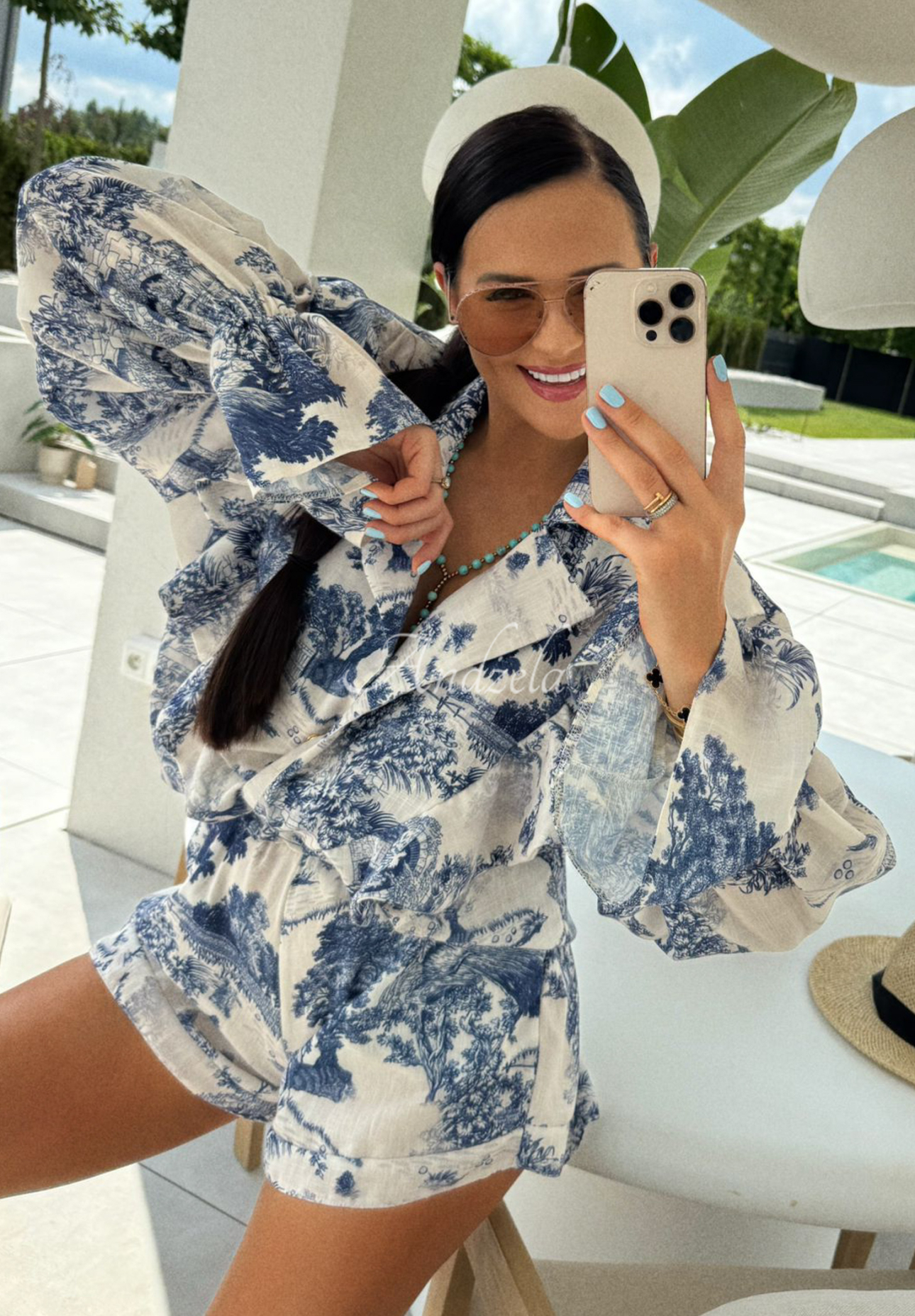 Leinen-Set: Hemd und Shorts mit Muster La Milla Sunbathing Today Dunkelblau