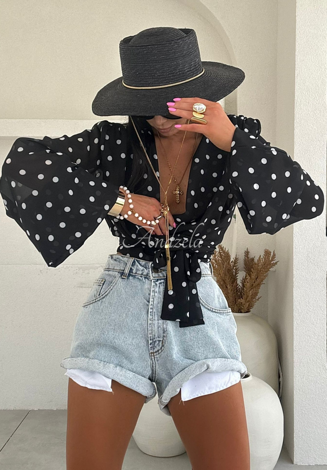 Gebundene Bluse mit Pünktchen La Milla Not For You Schwarz