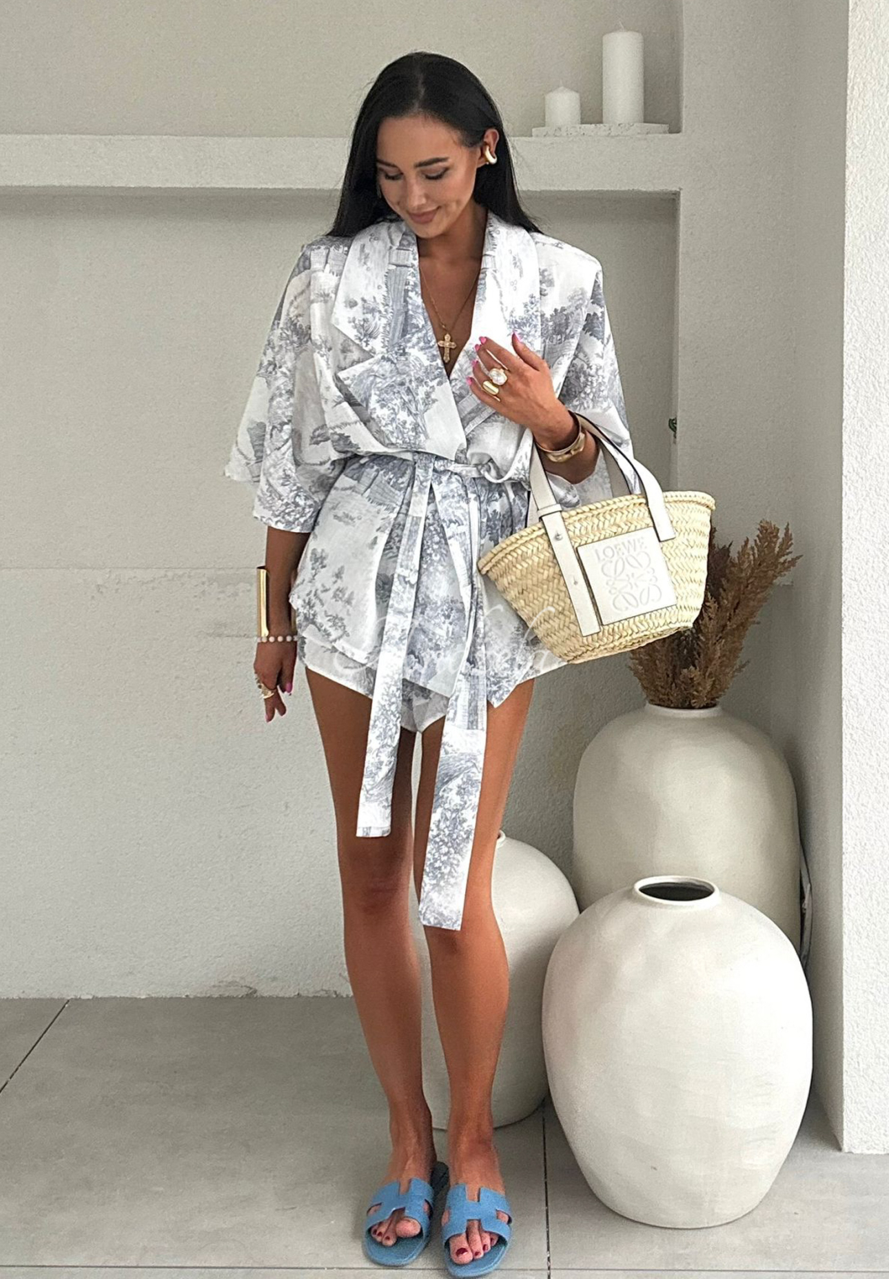 Leinen-Set: Hemd und Shorts mit Muster La Milla Sunbathing Today Grau