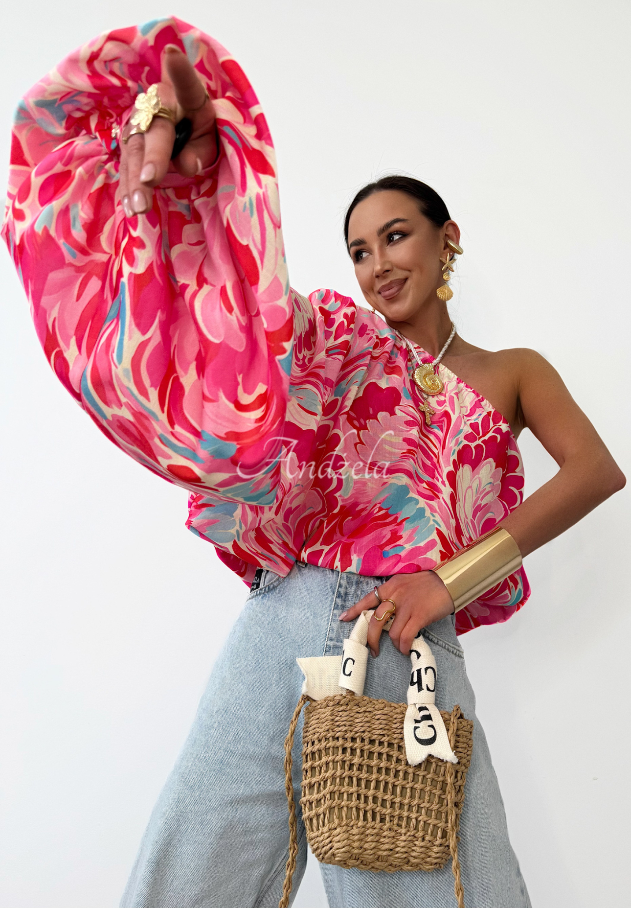 Asymmetrische Bluse aus Leinen La Milla Rio Claro Rosa-Blau