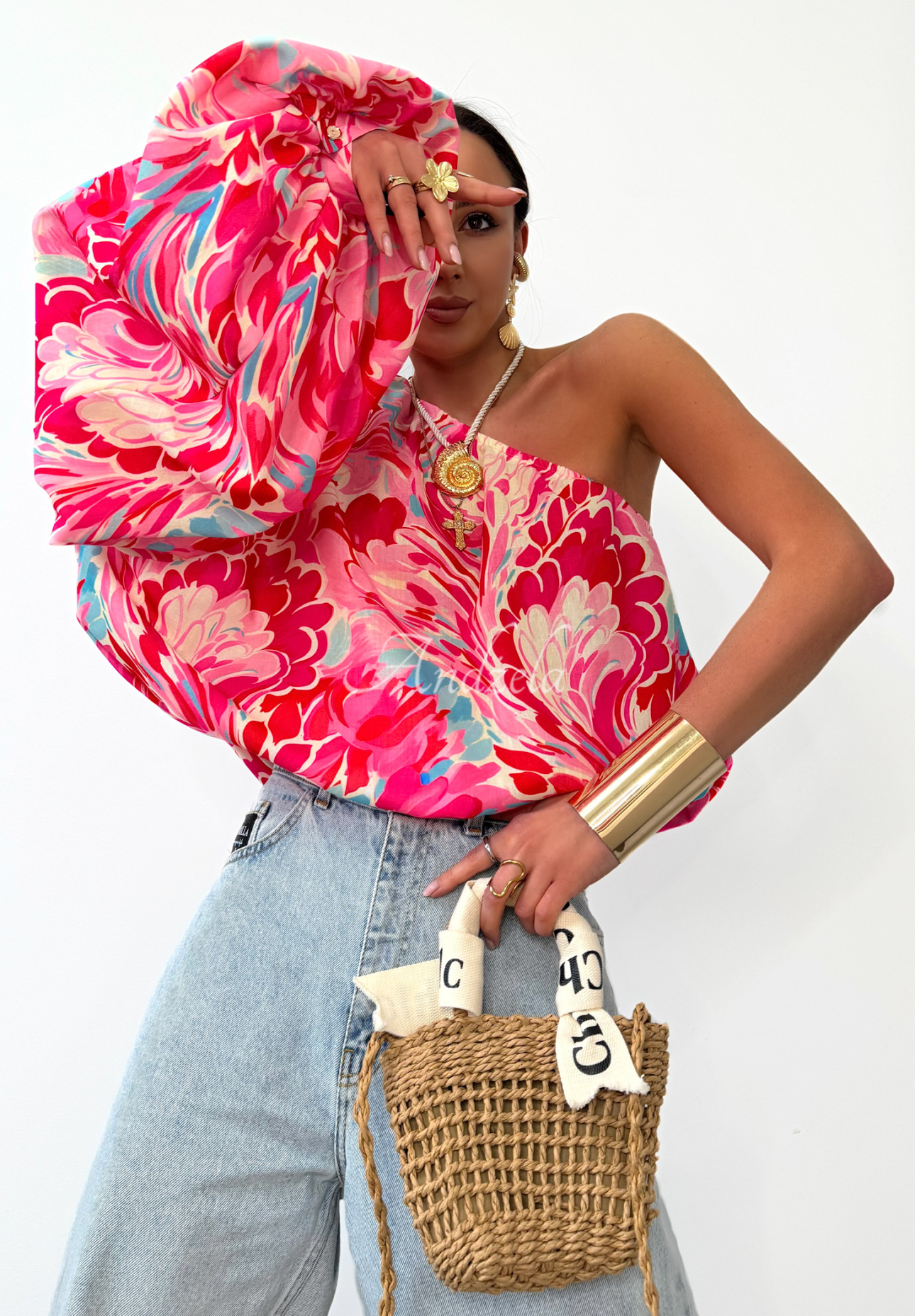 Asymmetrische Bluse aus Leinen La Milla Rio Claro Rosa-Blau