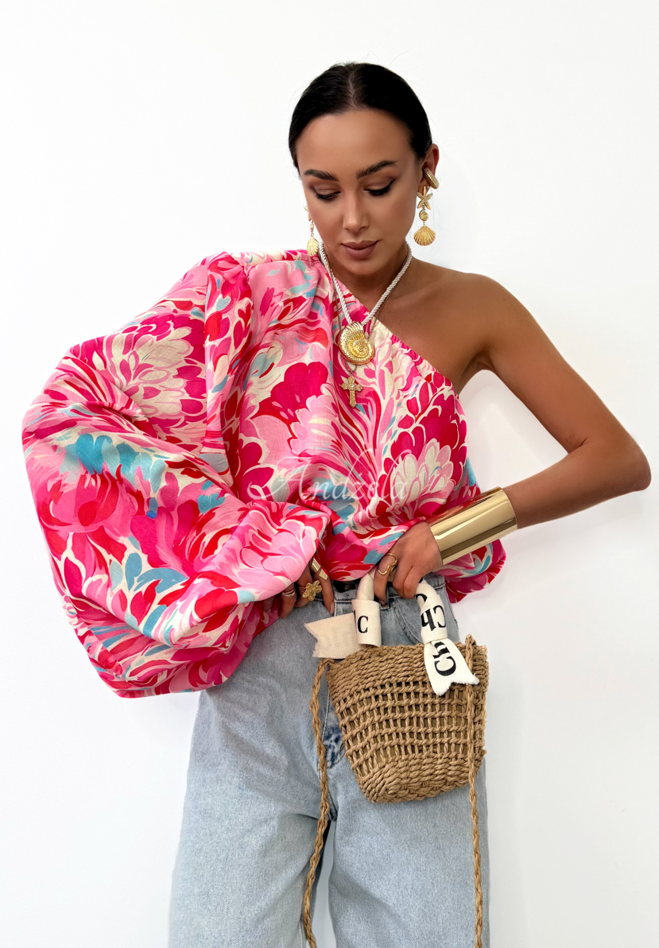 Asymmetrische Bluse aus Leinen La Milla Rio Claro Rosa-Blau