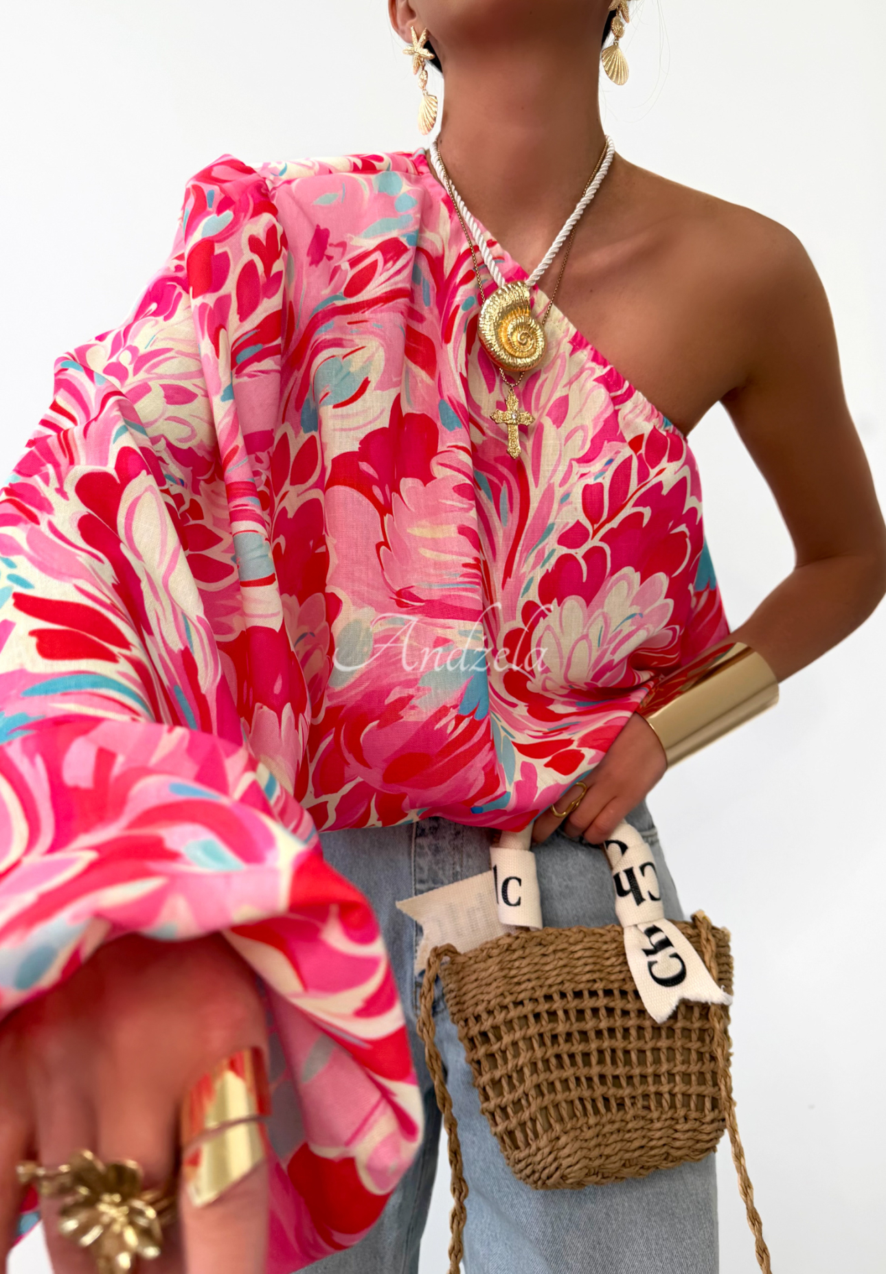 Asymmetrische Bluse aus Leinen La Milla Rio Claro Rosa-Blau