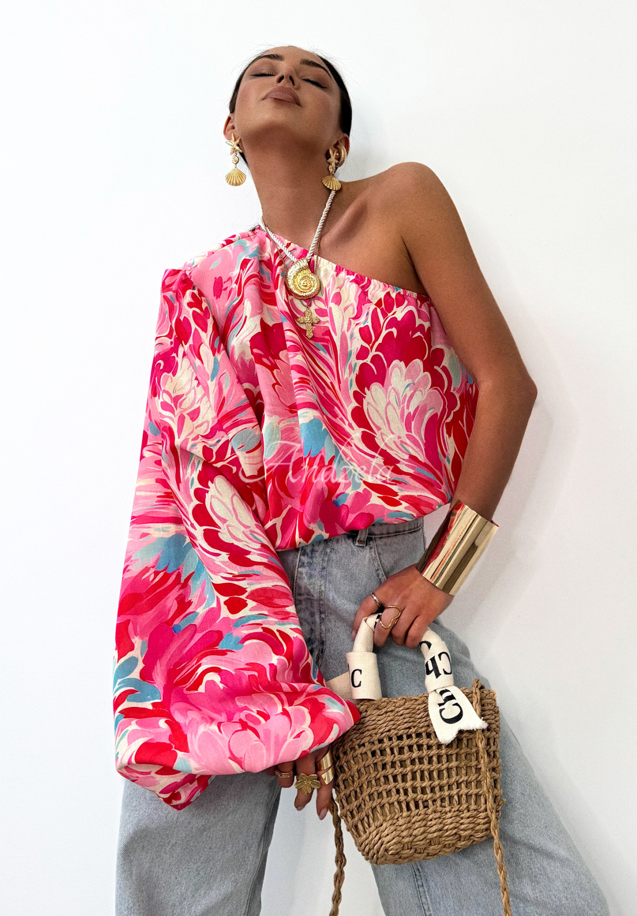Asymmetrische Bluse aus Leinen La Milla Rio Claro Rosa-Blau