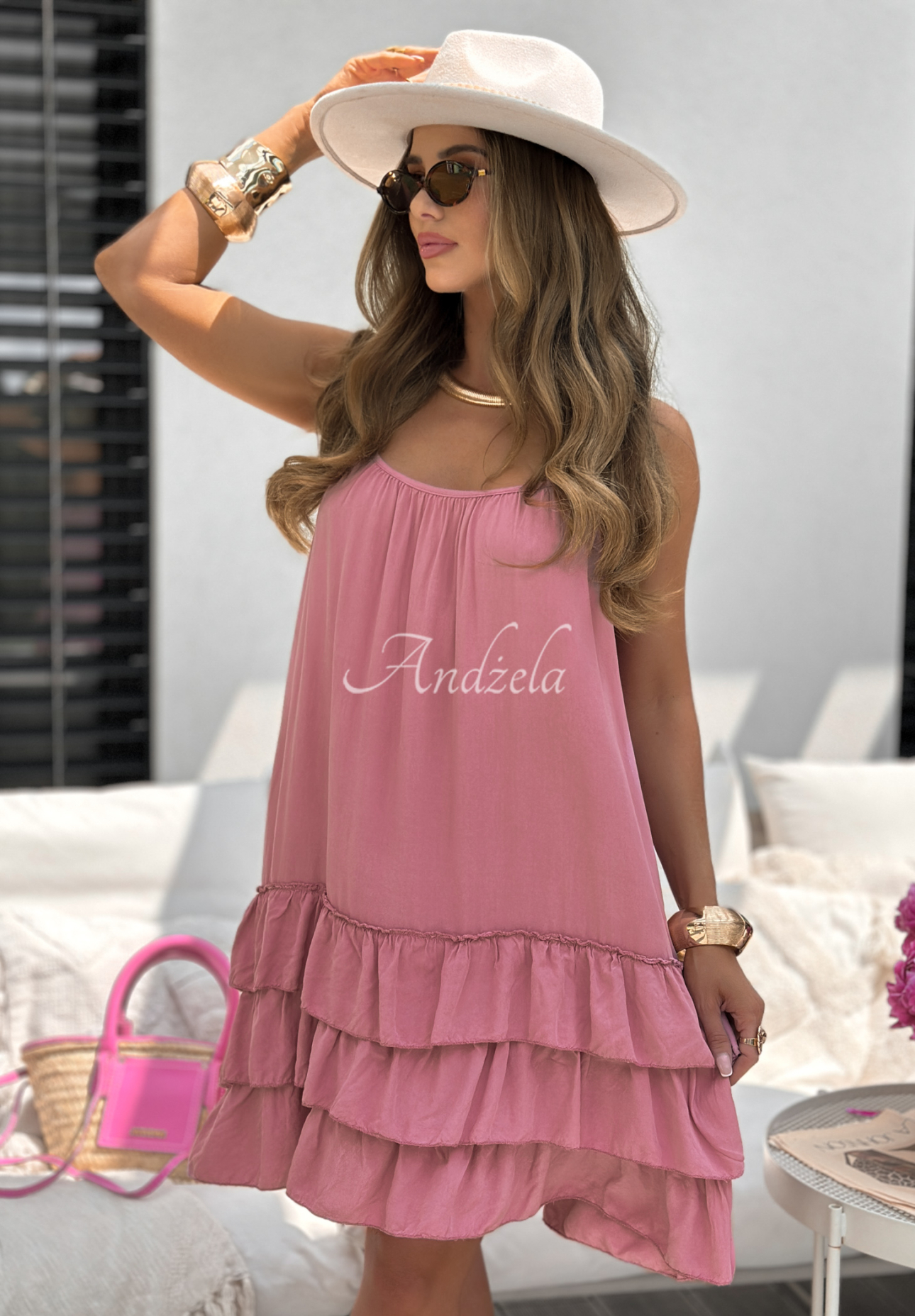 Viskosekleid mit Trägern und Rüschen Ocean City Rosa