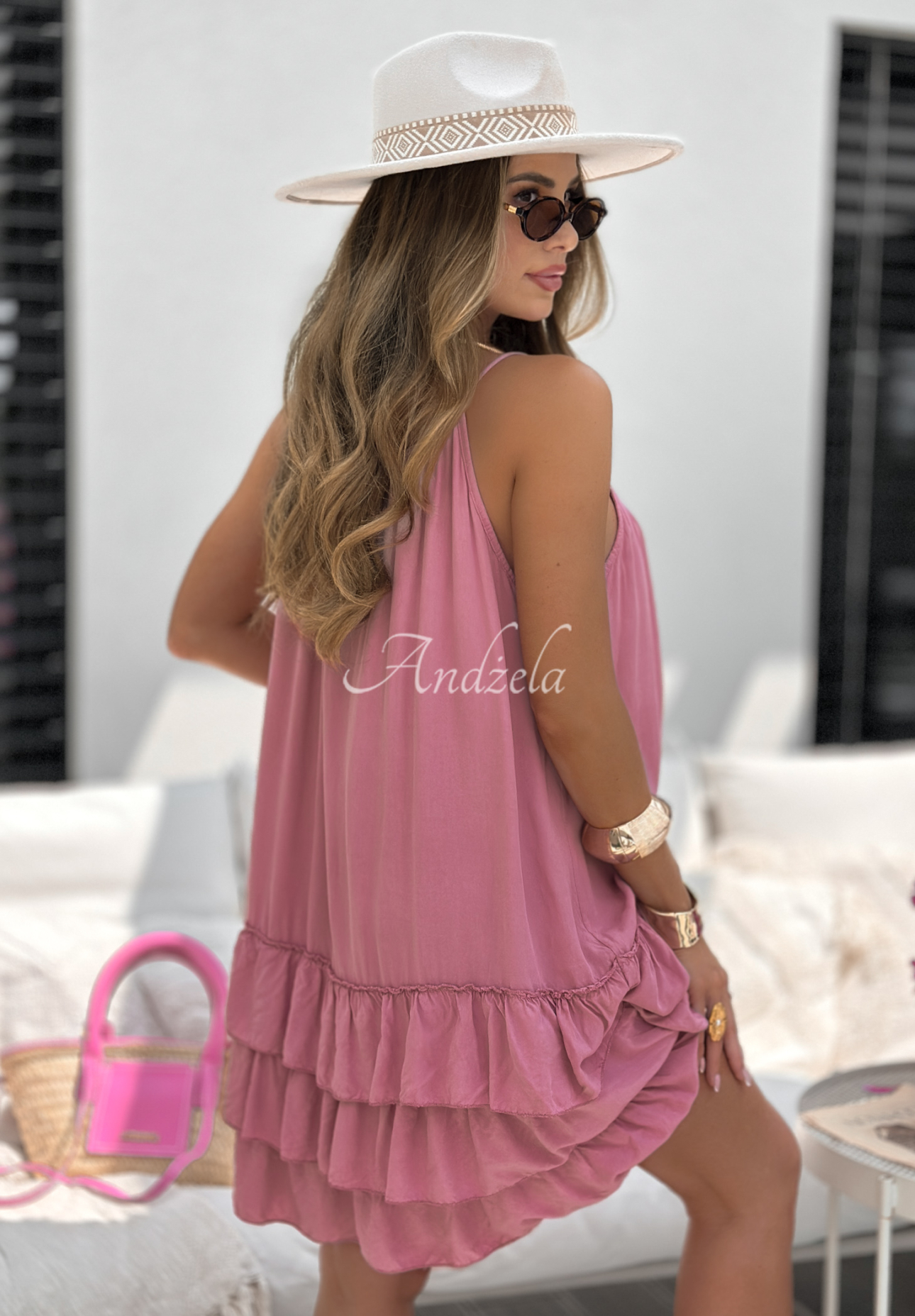 Viskosekleid mit Trägern und Rüschen Ocean City Rosa