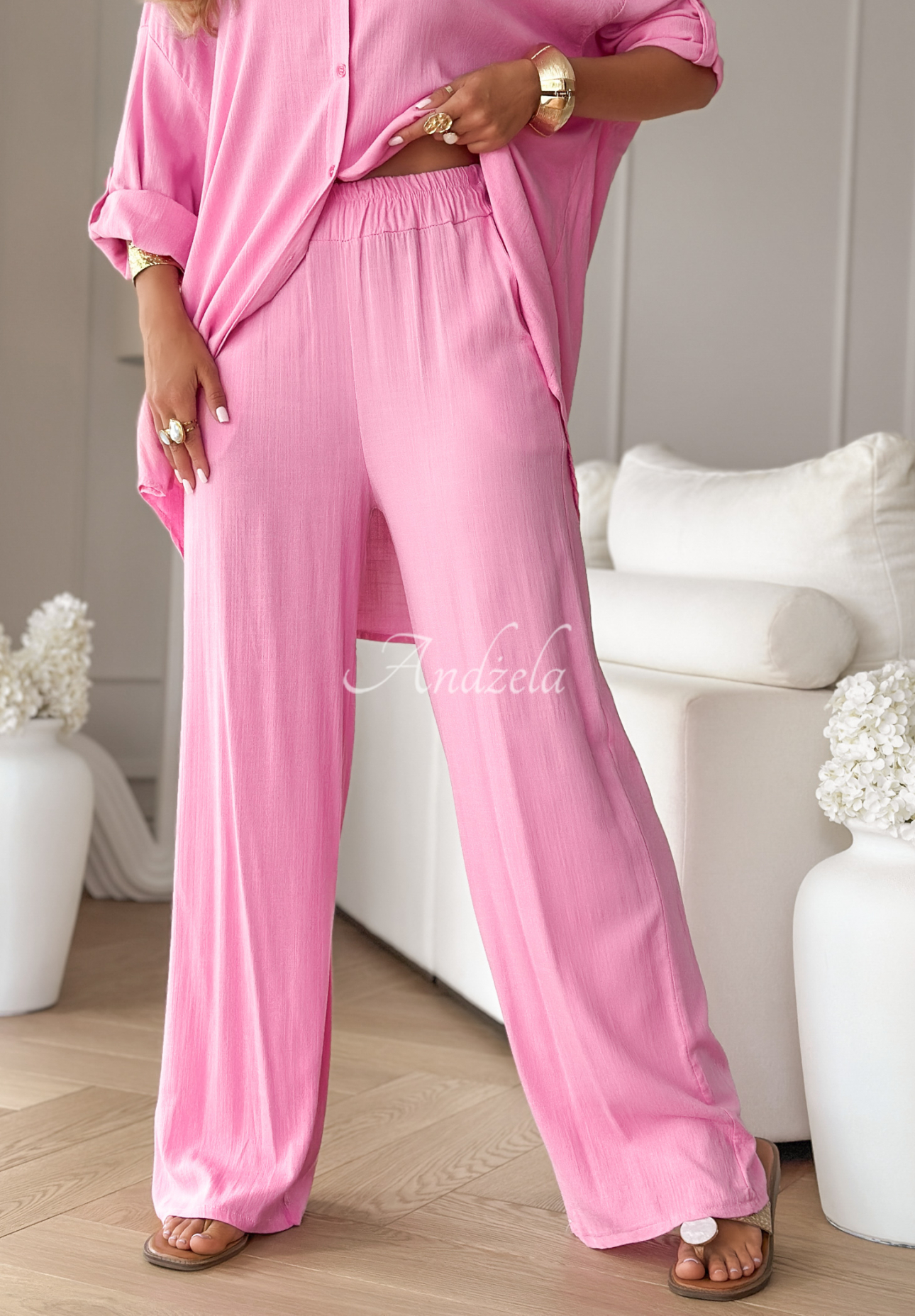 View Bliss wide leg shirt and pants set pink