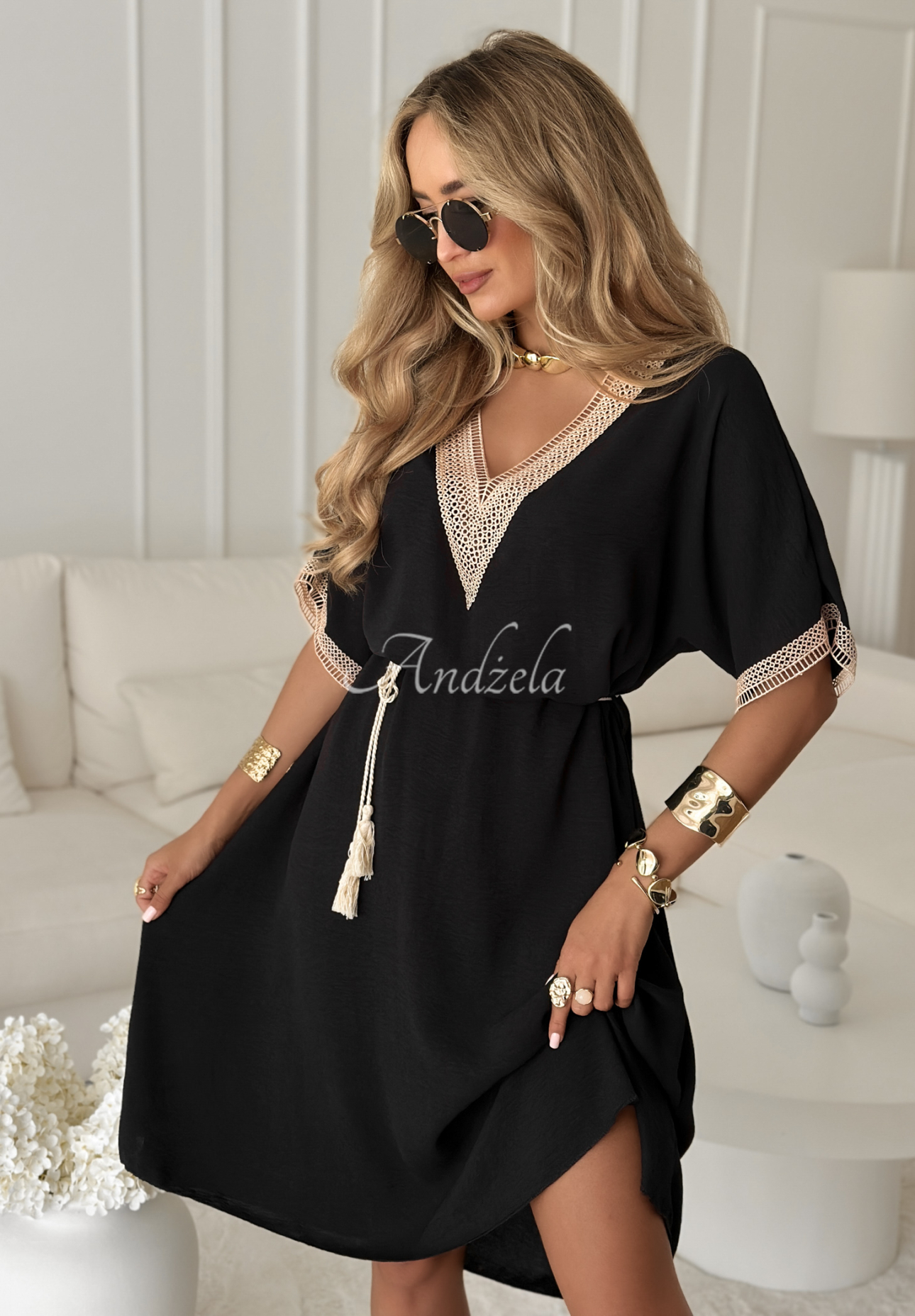 Midikleid mit Gürtel boho Chianti Valley Schwarz